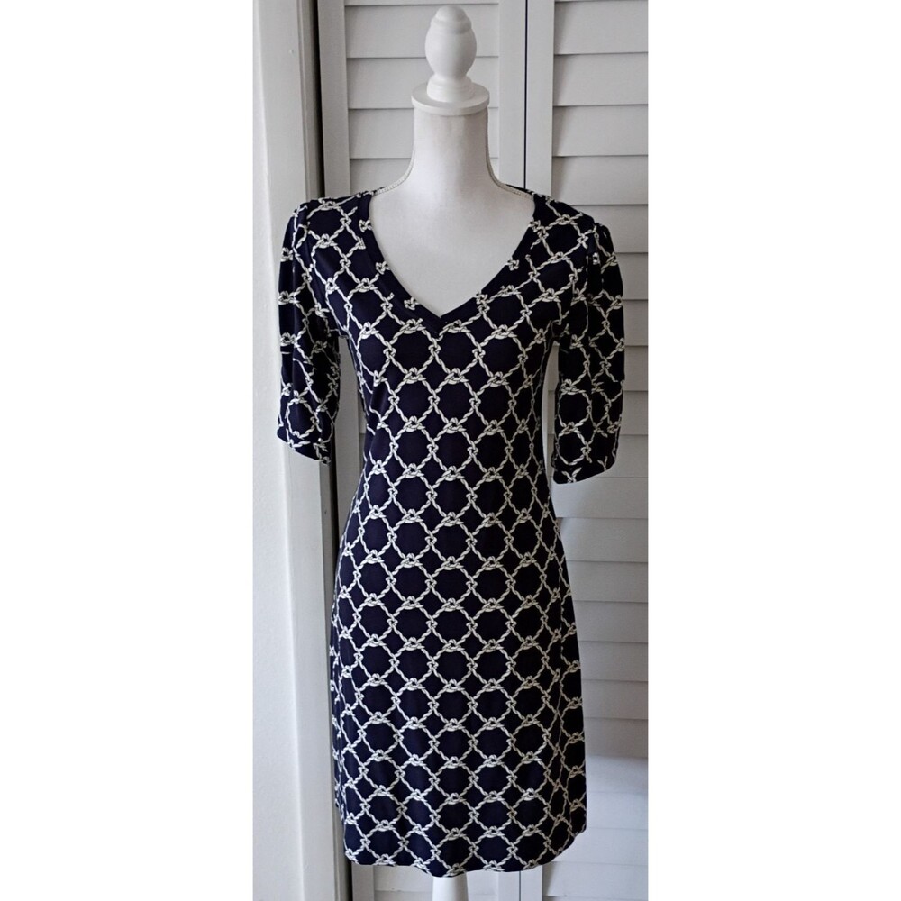 CAbi Style 6219 Cruise Dress Navy Blue White Knot Print Short Sleeve V-Neck S